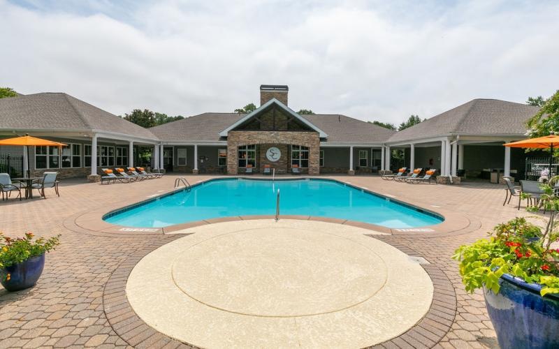 a swimming pool in a courtyard